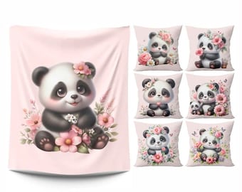 Bear panel fabric Quilting panels for babies Baby girl fabric Watercolor panda bear and flowers fabric 7 panel set 100% cotton quilt panel
