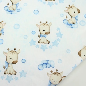 Baby giraffe fabric Safari animals Nursery fabric by the yard 100% cotton quilt material Cute animals Stars Bubbes fabric for boys and girls