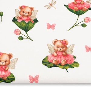 Pink fairy fabric Baby girl fabric Nursery fabric Bear fabric by the Yard Fairytale fabric with flowers 100% cotton for little girls quilt