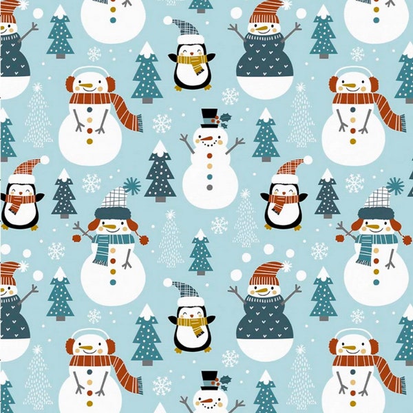 Tissu de pingouin de bonhomme de neige tissu de Noël bleu décoration intérieure tissu d’ameublement par mètre mètre tissu festif de vacances pour les coureurs de nappe