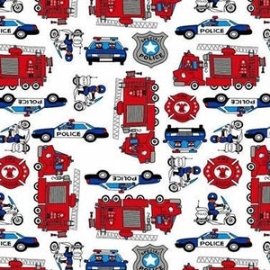 Fire truck fabric by the Yard-Meter Baby boy cotton fabric Police cars material Rescue vehicles Policeman Fireman badge Engine Firefighters