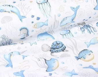 Ocean creatures fabric Baby fabric by the yard-meter Nursery fabric 100% cotton Sea animals Turtle Whale Dolphin Star fish fabric for quilt