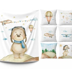 Bear panel fabric Quilting panels for babies Baby boy fabric Watercolor hot air balloon nursery fabric 7 panel set 100% cotton quilt panel