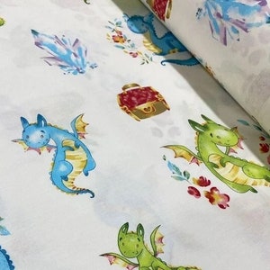 Dragon fabric Nursery fabric Baby fabric by the yard-meter Fantasy fabric Magical Fairy tale fabric for boys and girls Cotton fabric 94"wide