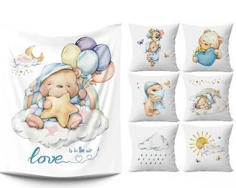 Bear panel fabric Quilting panels for babies Baby boy fabric Watercolor Clouds Moon Star nursery fabric 7 panel set 100% cotton quilt panel