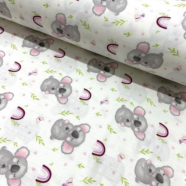 Muslin fabric Printed double gauze fabric by the yard Koala fabric Blanket material Baby gauze fabric with animals 100% cotton kids fabric