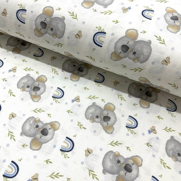 Cute animals double gauze fabric by the Yard Meter Koala bears and rainbows muslin fabric 100% cotton material Baby nursery fabric