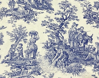 May include: A blue and white toile fabric featuring a pastoral scene with figures, trees, and buildings. The detailed design depicts people in period clothing engaged in various activities, creating a classic, elegant aesthetic. The fabric has a cream background.