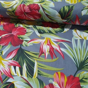 Hawaii fabric by the yard-meter Hawaiian hibiscus fabric Tropical flower Jungle large print material Monstera leaves cotton fabric 94&quot;wide
