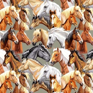 Horse fabric Farm animals fabric by the yard-meter Cowboy fabric for quilting, sewing Wild horses print material 100% cotton Equestrian