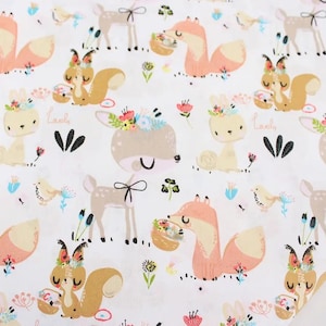 Forest friends fabric Animals fabric by the yard-meter Nursery fabric for baby girl 100% cotton material Deer Fox Rabbit Fawn Flowers fabric