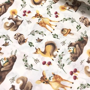 Tissu ours Tissu cerf Tissu pour chambre d&#39;enfant avec des animaux de la forêt Tissu pour bébés fille ou garçon par mètre-chouette Impression 100 % coton tissu 94&quot; de large