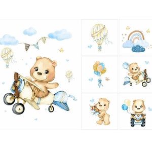 Bear panel fabric Panels for quilting Baby boy fabric Bears fabric Watercolor nursery fabric 7 panel set 100% cotton Bear panel for quilt