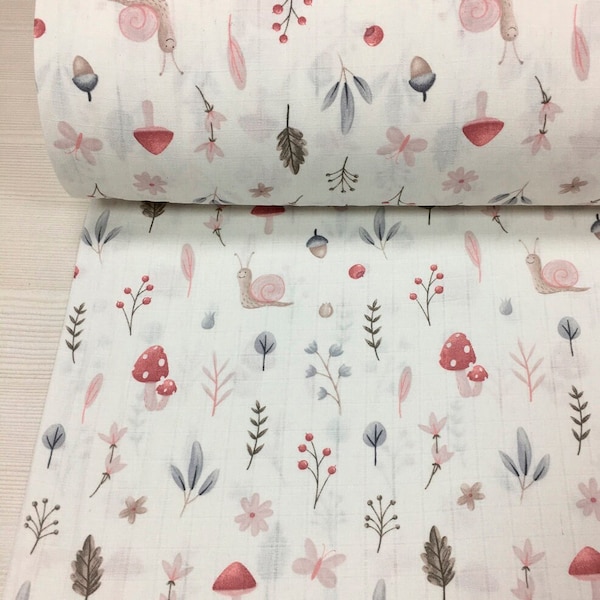 Botanical double gauze fabric by the Yard Snail Floral print muslin fabric 100% cotton material Nursery fabric for baby girl and baby boy