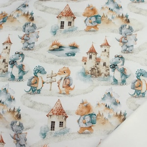 Dinosaurs fabric Dino and castle fabric Boy or girl dinosaur fabric by the Yard Cotton fabric for kids Nursery fabric Baby quilt material
