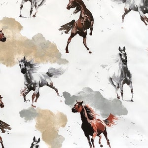 Horse fabric Farm animals fabric by the yard-meter Cowboy fabric for quilting, sewing Wild horses print material 100% cotton Equestrian