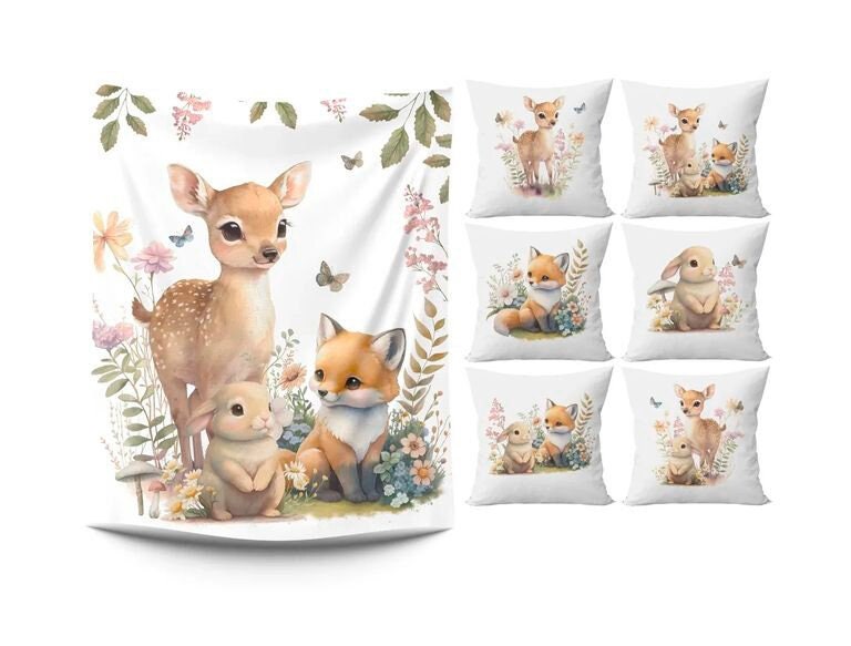 Watercolor forest animals 7 panel set Baby quilt panels Fabric panels for baby quilts Baby panels for quilting 100% cotton Deer Bunny Flower