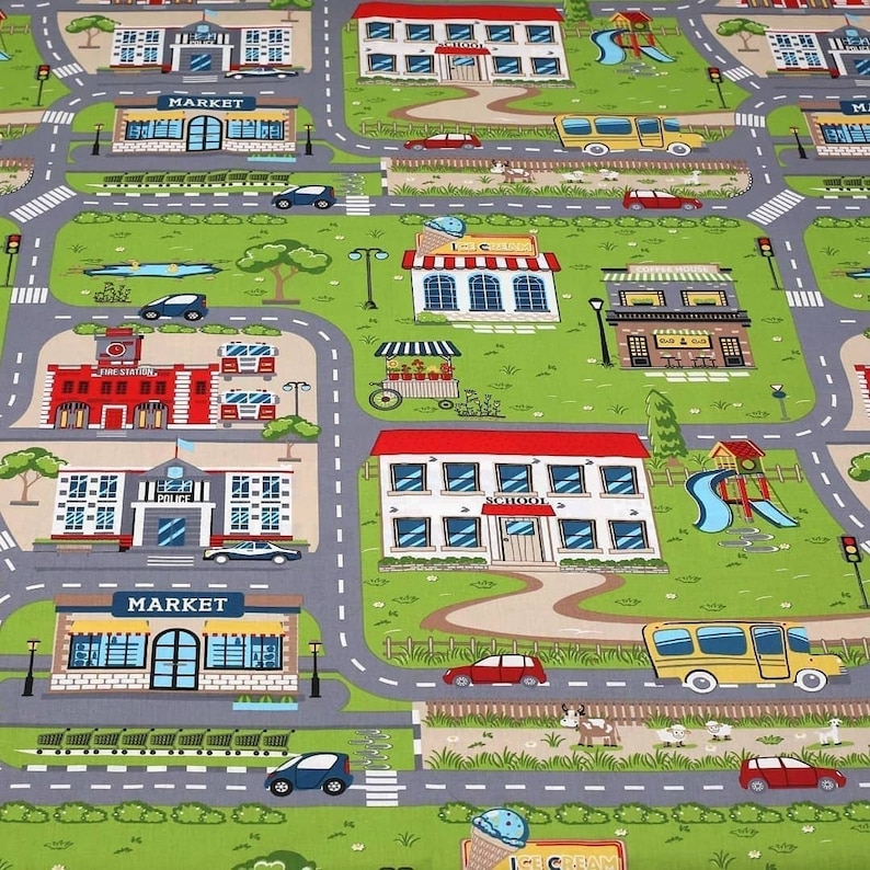 May include: A colorful play mat with a city theme. The mat features a school, a police station, a fire station, a market, a bakery, a cafe, and a playground. There are cars, trucks, and buses driving on the roads. The mat is perfect for imaginative play and learning.