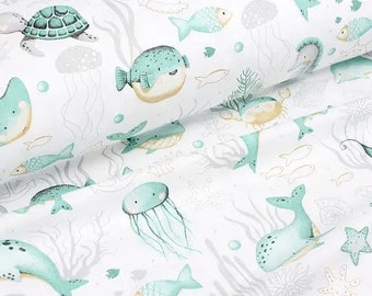 Fish fabric Dolphin Turtle Whale fabric Sea life fabric Ocean creatures Baby fabric by the yard Nursery fabric 100% cotton fabric for quilt