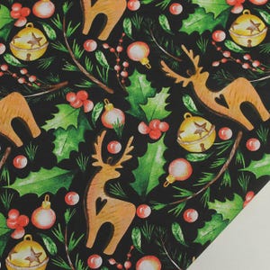Christmas cotton fabric Reindeer fabric Holiday fabric by the Yard-Meter Winter print fabric Xmas material Holly print Jingle bells fabric