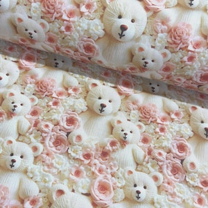 Bear fabric Baby girl fabric Bears and roses print fabric by the yard Nursery fabric Knitting imitation fabric 100% Cotton material 94&quot; wide