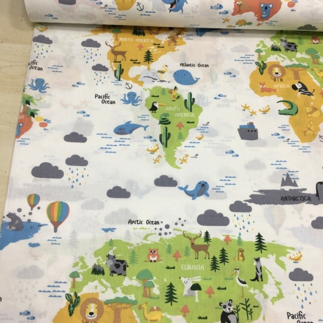 World Map Fabric With Animals Play Mat Fabric Baby Boy Nursery Etsy