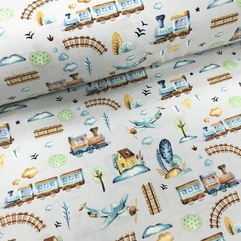 Airplane Fabric Baby Boy Fabric Nursery Fabric Railroad Travel Train