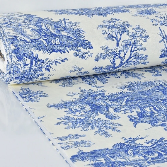 French blue fabric Toile de Jouy fabric Country cotton fabric by the Yard Romantic cottage Porcelain fabric Pastoral Countryside fabric