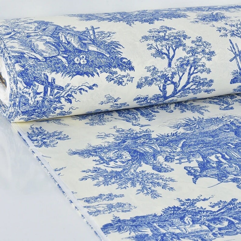 French Blue Fabric Toile De Jouy Fabric Country Cotton Fabric by the ...