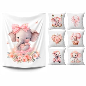 Elephant baby girl fabric panels Fabric panel for quilt 100% cotton Fabric panel set with floral elephants print Nursery fabric 7 panel set