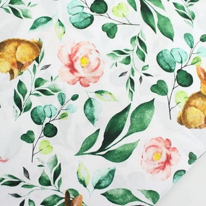 Easter bunny fabric Watercolor animals Rabbit and flowers fabric by the yard Baby girl fabric Nursery fabric 100% cotton material for quilt