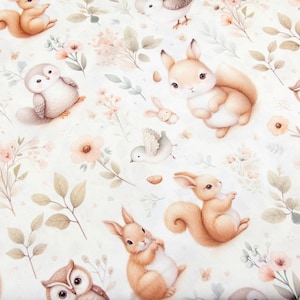 Squirrel fabric Cute animals fabric Baby fabric by the yard Boy or girl 100% cotton Nursery fabric with watercolor forest animals Flowers