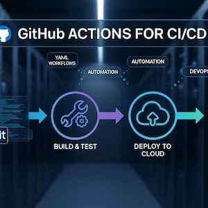 May include: Diagram illustrating GitHub Actions for CI/CD. The image shows a workflow with steps: Build & Test, Deploy to Cloud, and Production. A cartoon bear character is present. Text includes "YAML Workflows", "Automation", and "DevOps".