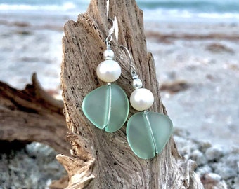 Earrings with small dark blue sea glass beads