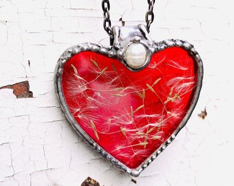 Red Heart Necklace, Heart Necklace With Dandelion Seeds, Glass Heart, Heart Jewelry, Red Heart Jewelry, Love Necklace,