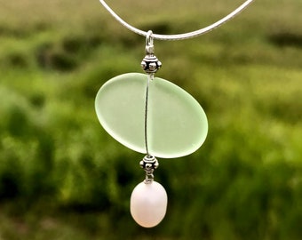 Sea Glass with Pearl Necklace, Beach Glass Necklace, Pearl & Sea Glass Necklace, Beach Glass, Sea Glass, Pearl Necklace,