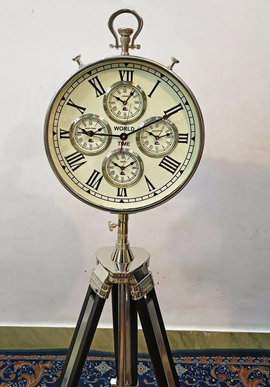 Brass world time clock with black chrome tripod stand home Etsy