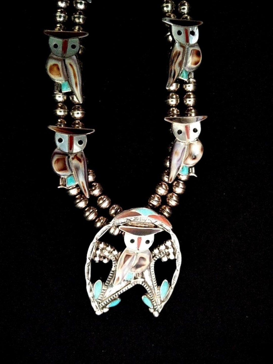 Inlaid Zuni Owl Necklace, Signed Etsy