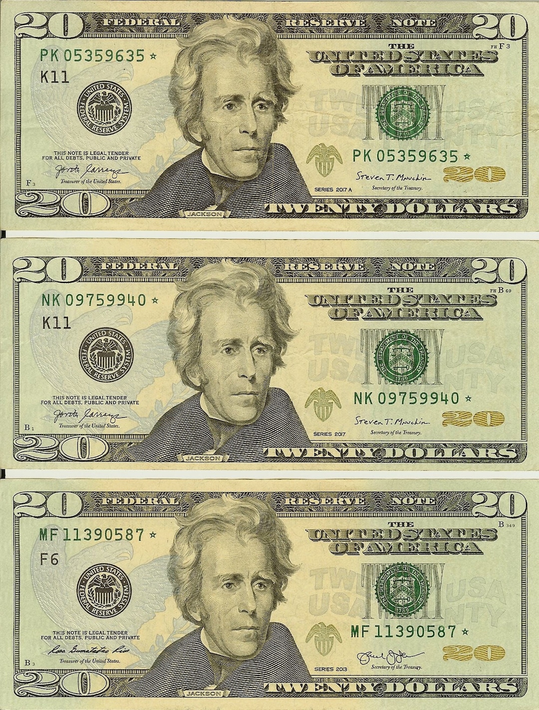 20 Dollar Bills With STAR Serial Numbers, PK 05358635, NK 09759940 and