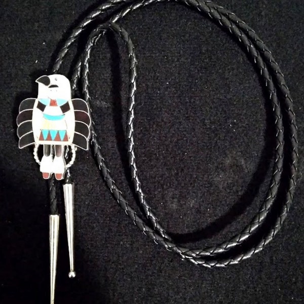 Vintage Zuni Inlaid Signed Eagle Bolo Tie