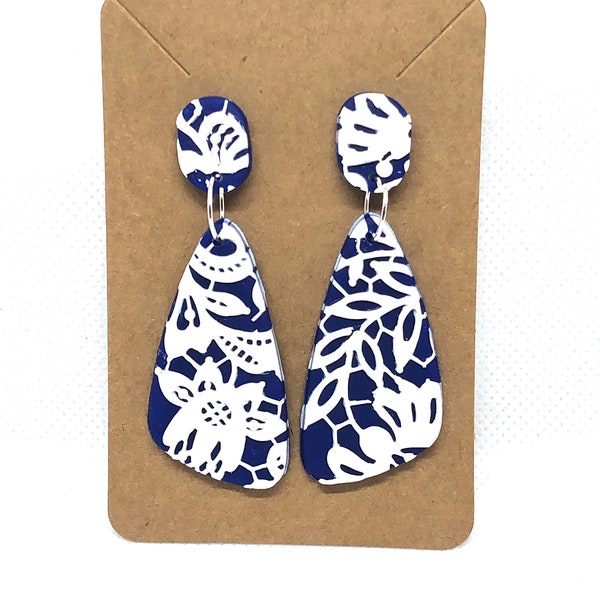 Blue and White Lace Polymer Clay Earrings. Hypo Allergenic post backs