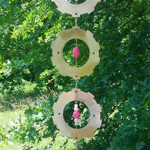 Pink stones and crackle beads copper wind spinner with crystal prism pendant, repurposed machine parts, garden art. Jewelry for your yard!