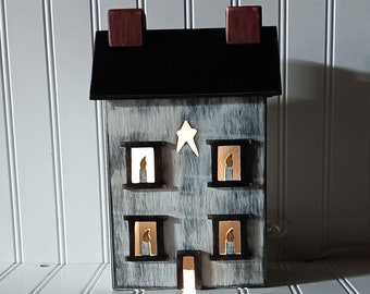 Primitive Wood House, Light Up House, House with Candle Windows, Lamp, Night Light, FREE PRIORITY SHIPPING.