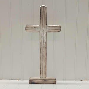 Handmade Royer Chapel Wood Cross: Aged White Rustic Tabletop Decor,  Free Ground Advantage Shipping