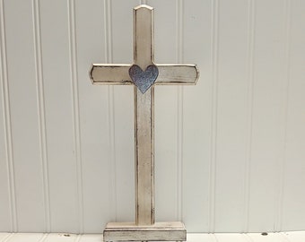 Wood Cross with Heart, Standing Cross on Base, Aged White Cross, Aged Red Heart, Table Top Cross, Primitive Cross, FREE PRIORITY SHIPPING