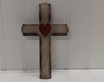 Small Cross with wood heart,Primitive Wood Cross, Praying Cross,Palm Cross,Aged White,Aged red heart,Distressed Cross,FREE PRIORITY SHIPPING