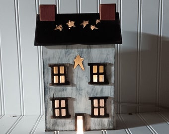 Primitive Wood House,Light Up House, House with Star Cut-Out Roof, Lamp, Night Light, FREE PRIORITY SHIPPING