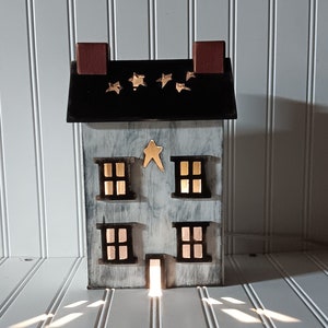 Primitive Wood House,Light Up House, House with Star Cut-Out Roof, Lamp, Night Light, FREE PRIORITY SHIPPING image 1