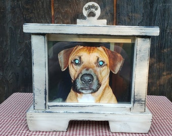 Personalized dog cremation urn,Rustic pet urn, One of a kind,Aged White, Paw Print, Holds 5 x7 Photo,Acrylic Panel, FREE PRIORITY SHIPPING