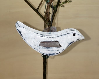 Wood Bird Ornament, Primitive Aged White Wood Bird Ornament with Rusty Steel Wing, Aged Red